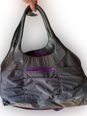 Athleta Gray Purple Gym Bag Yoga Travel Tote Weekender Shoulder Bag